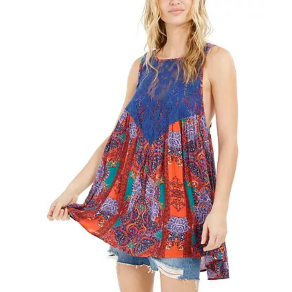 Final Sale! Free People Count Me In Trapeze Top Mini Dress Blue Red Combo - Picture 2 of 10